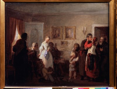 Bir konakta yeni evli bir çift için tebrikler. (Bir Malikanede Yeni Evlenen Çifte Tebrikler). Grigori (Grigoriy, Grigory) tarafından yapılan boyama Grigoryevich Myasoyedov (Myasoedov, Miasoedov) (1834-1911), tuval üzerine yağlı boya by Grigori Grigoryevich Myasoedov