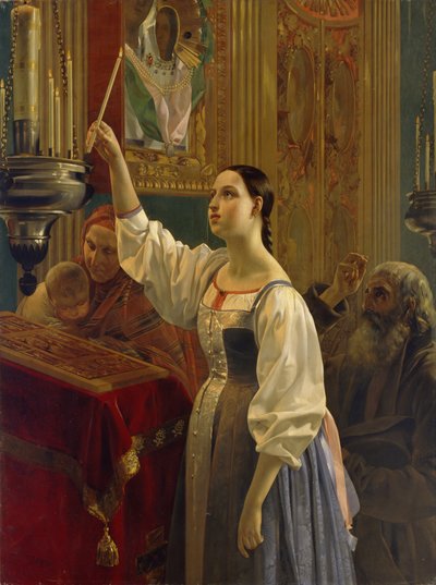 Bir kız ikonun önüne bir mum yerleştirdi, 1842 by Grigori Karpovich Mikhaylov