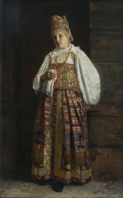 Kursklu kadın, geleneksel Rus kıyafetleriyle, 1871 by Grigori Semenovich Sedov