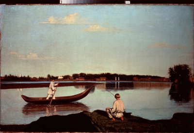 Olta balıkçısı (Ve bir teknede duran genç bir kürekçi) - Bir fener - Grigori Vasilyevich Soroka (1823-1863), tuval üzerine yağlı boya, yaklaşık 1840 - Rus sanatı by Grigori Vasilievich Soroka