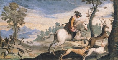 Geyik ve yaban domuzu avı, Guercino olarak bilinen Giovanni Francesco Barbieri (1591-1666), fresk, 53x101 cm by Guercino