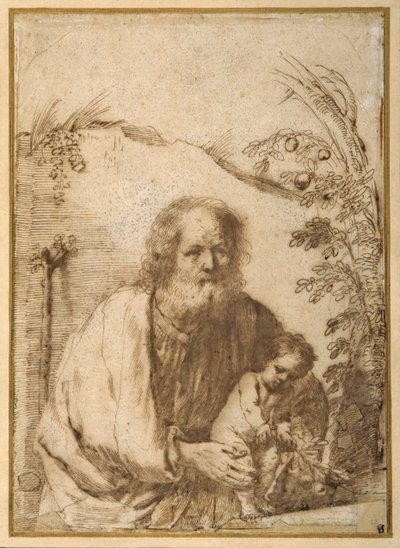 Bir elma ağacının dalını tutan Aziz Joseph ve Bebek İsa (kağıt üzerinde kalem ve mürekkep) by Guercino