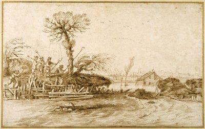 Taşkın bir nehir ve baltaları ve diğer araçları olan köylüler (kağıt üzerine tebeşir üzerine kalem ve mürekkep) by Guercino