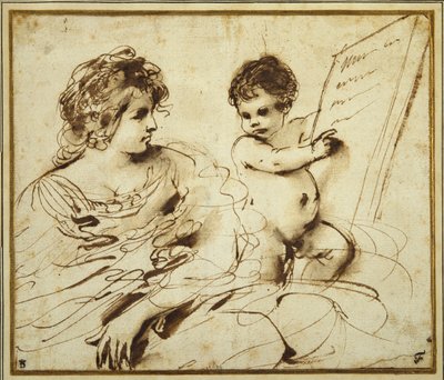 Büyük bir yazılı tableti tutan bir putto eşliğinde oturan bir Sibyl (kalem ve kağıt üzerinde yıkanmış kahverengi mürekkep) by Guercino