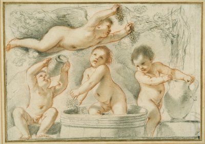 Şarap yapımının alegorisi (kağıt üzerine mürekkeple kırmızı ve siyah tebeşirler) by Guercino