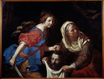 Judith ve Holofernes kafa. Judith adamın kafasını yatırırken, hizmetçisi Abra çantayı tutuyor. Giovanni Francesco Barbieri dit Guercino tarafından yapılan boyama (Guerchin by Guercino