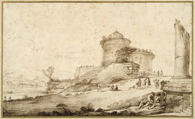 Sağda ön planda kırık bir sütun, bir kale ve çok sayıda figür bulunan manzara (kağıt üzerinde kalem ve mürekkep) by Guercino