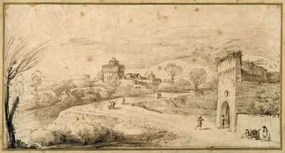 Mazgallı bir kapı evi ve dolambaçlı bir yol ile manzara (kağıt üzerinde kalem ve mürekkep) by Guercino