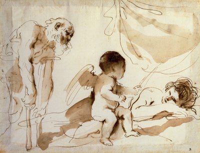 Koltuk değneklerindeki adam, aşk tanrısı ve Uyuyan Venüs (kalem, mürekkep ve kağıt üzerinde yıkama) by Guercino