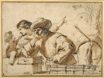 The Rest on the Flight (kağıt üzerinde yıkanmış kalem ve mürekkep) by Guercino