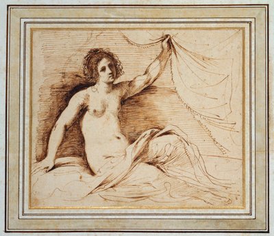Perdeyi kaldıran uzanmış çıplak bir kadın by Guercino