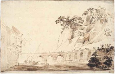 Bir Köprünün Geçtiği Bir Nehir ile Manzara, Seyircilerle Sıralı, Bir Seyirci Partisi ile Sarkan Bir Loggia ile Bir Binaya Giden Yol by Guercino