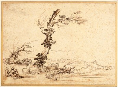 Bir ağacın yanında doğanlarla manzara by Guercino