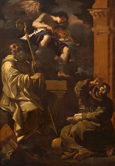 Aziz Benedict ve Aziz Francis Bir Müzisyen Meleği Dinliyorlar. by Guercino