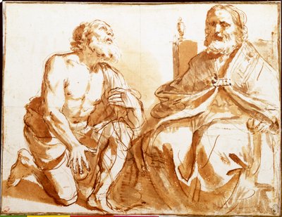 Oturan Piskopos ve Diz çökmüş Aziz by Guercino