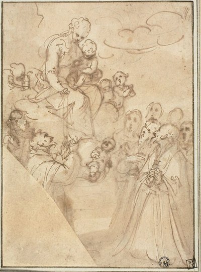 Tesbih Madonna, Dominic ve Diğer Azizler ile by Guglielmo Caccia