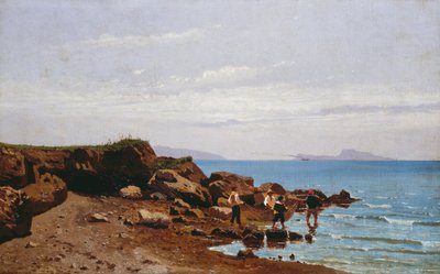 Napoliten sahilinde balıkçılar, arka planda Capri adası, Guglielmo Ciardi (1842-1917), tuval üzerine yağlı boya, 47,5x76,5 cm by Guglielmo Ciardi