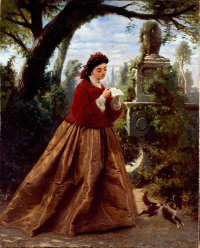 Romantik bir manzarada muhtemelen aşk mektubu okuyan genç kadın. Guido Gonin (1833-1906) 1868 Genes, Galleria d