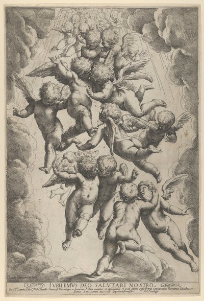 Bulutlarla çerçevelenmiş, uçuşta kucaklaşan bir grup melek, ca. 1607., yaklaşık 1607. by Guido Reni