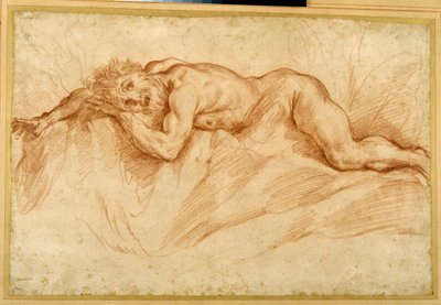 Dehşete düşmüş çıplak bir adam, kayalık zemine eğilimli (kağıt üzerinde kırmızı tebeşir) by Guido Reni