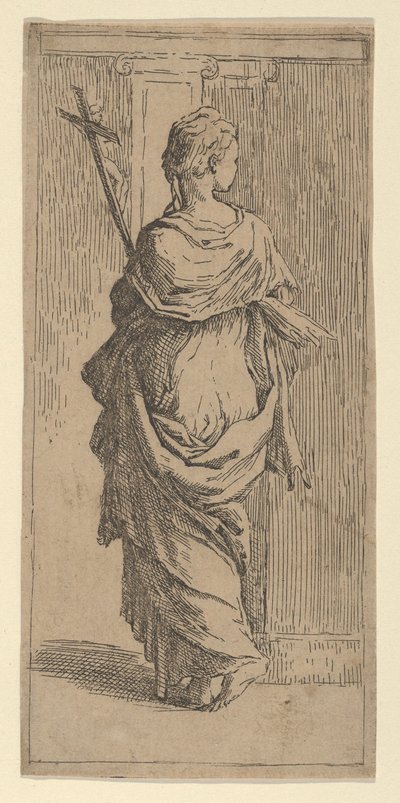 Bir haç taşıyan ve bir pilastere doğru adım atan kız, arkadan görülüyor, yakl. 1590-1600. by Guido Reni