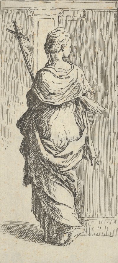 Bir haç taşıyan ve bir pilastere doğru adım atan kız, arkadan görülüyor, yakl. 15..., yakl. 1590-1600. by Guido Reni