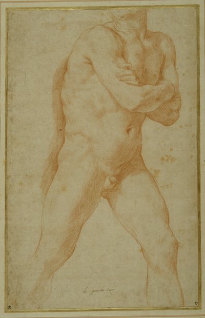 Çıplak adam kollarını kavuşturmuş ve sağ omzunun üzerinden bakıyor (krem kağıt üzerinde kırmızı tebeşir) by Guido Reni