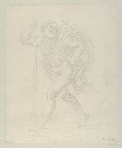 Aziz Christopher sol omzunda bebek İsa ile yürüyor, karşıt..., ca. 1600-1640. by Guido Reni