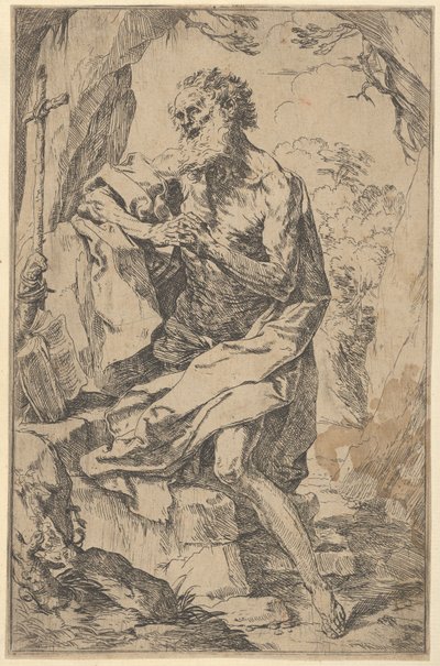 Aziz Jerome, bir haç önünde bir kayanın üzerinde diz çökmüş ve sola bakan açık bir kitap,..., ca. 1600-1640. by Guido Reni