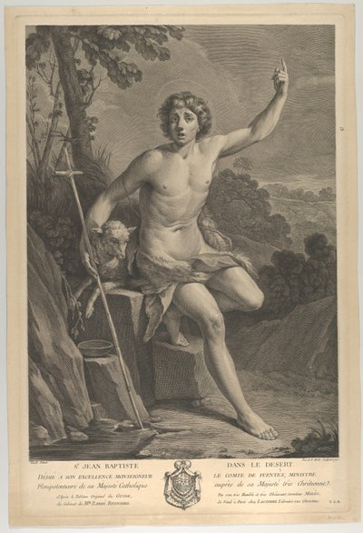 Vaftizci Yahya çölde, bir kayanın üzerine oturmuş ve sol eliyle yukarıyı işaret ediyor..., 1770 by Guido Reni