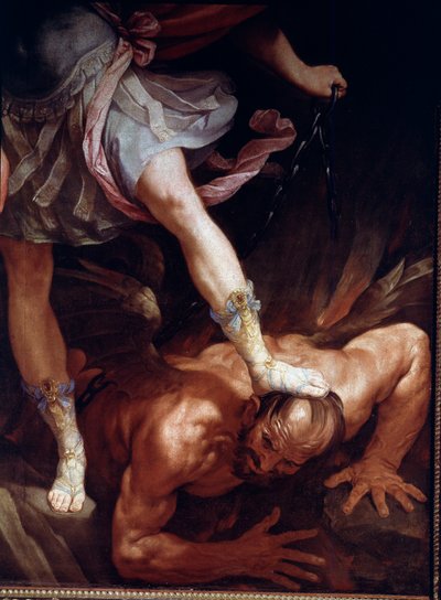 Aziz Michael iblisin kafasını ezer. Sandalet ayakkabı detayı (İpek Boyama by Guido Reni