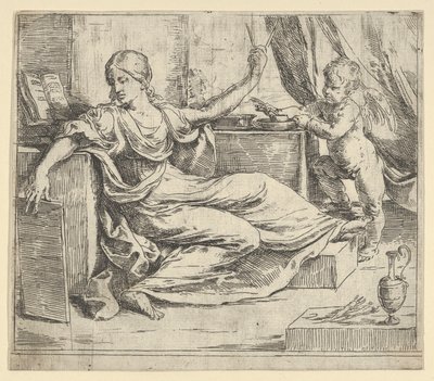 Bir tablet ve pusula tutan oturan kadın öğrenme alegorisi, kanatlı bir putto ..., yaklaşık. 1600-1640. by Guido Reni
