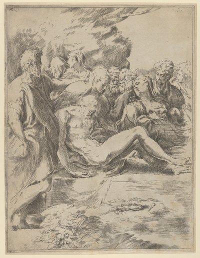 Entombment, İsa ayakları uzanmış, Bakire sağda, 1590-1600. by Guido Reni
