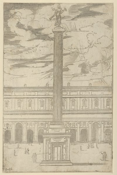 Üstünde bir trompet tutan Fame kadın figürü ile zafer sütunu, geçici bir dekor..., 1598. by Guido Reni