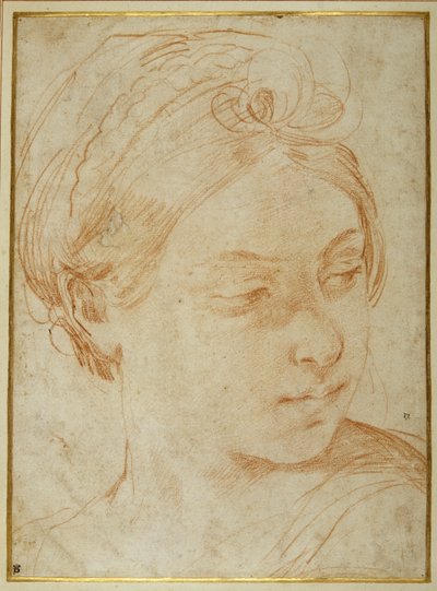 Genç kadının başı, sol omzunun üzerinden bakmak için döndü (beyaz kağıt üzerinde kırmızı tebeşir) by Guido Reni