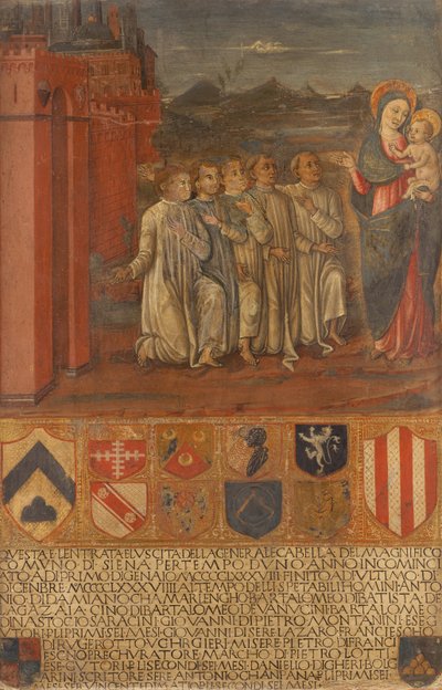 Chamberlain ve yardımcıları Bakire'nin huzurunda by Guidoccio di Giovanno Cozzarelli