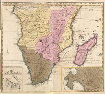 Meridional Afrika Haritası (Angola, Namibya, Zambiya, Zimbabve, Mozambik, Güney Afrika) ile Madagaskar adası (gravür) by Guillaume Delisle