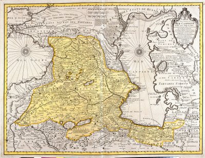 Hazar Denizi'nin komşu ülkelerinin haritası (Rusya, Ermenistan, İran, Kazakistan, Türkmenistan) (gravür by Guillaume Delisle