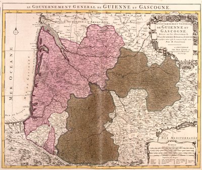 Guyenne ve Gascogne (Fransa) Hükümeti Haritası (gravür by Guillaume Delisle