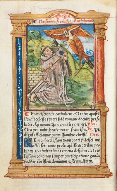 Basılı Saatler Kitabı Roma Kullanımı: fol. 106v, Assisili Aziz Francis, 1510. by Guillaume Le Rouge