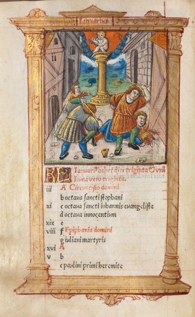 Basılı Saatler Kitabı Roma Kullanımı: fol. 2v, Ocak takvimi illüstrasyonu, 1510. by Guillaume Le Rouge