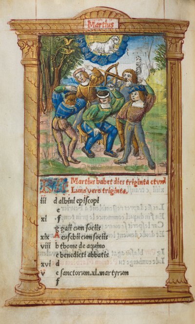 Basılı Saatler Kitabı Roma Kullanımı: fol. 4v, Mart takvimi illüstrasyonu, 1510. by Guillaume Le Rouge