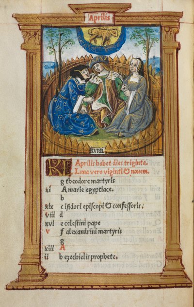Basılı Saatler Kitabı Roma Kullanımı: fol. 5v, Nisan takvimi illüstrasyonu, 1510. by Guillaume Le Rouge