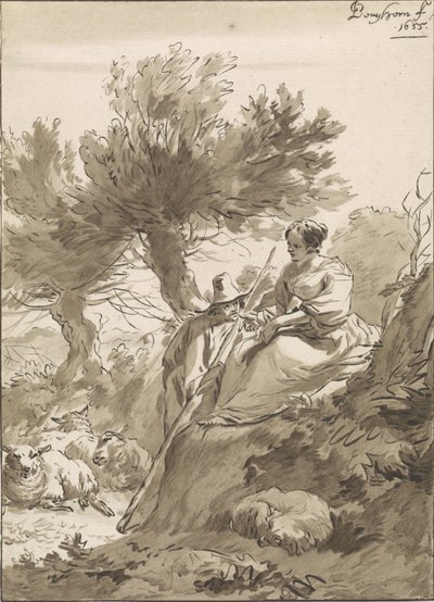 Bir çoban ve çoban kız ve onların koyunları ile manzara by Guillaume Saint