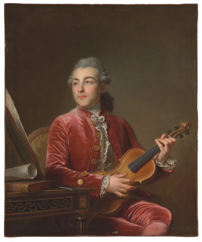 Kırmızı kadife ceketli ve kemanlı bir beyefendinin portresi (tuval üzerine yağlı boya) by Guillaume Voiriot