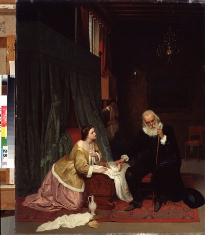 ""Doktor ziyareti"" Bir doktor, annesinin dikkatli gözleri altında hasta bir çocuğun nabzını tutar. Resim Gustav Budkovsky (1813-1884) 1859 Devlet Sanat Müzesi, Nizhny Tagil, Rusya by Gustav Budkowski