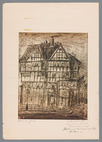Muhtemelen Almanya'da Greiz'de eski bir evin manzarasına sahip bir baskının veya çizimin çoğaltılması by Gustav Digel (signed by artist)
