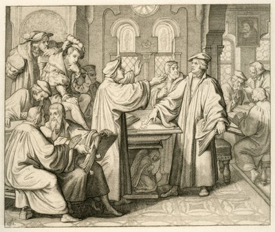 Luther ve Ulrich Zwingli (1494-1531) ayin hakkında tartışıyorlar ve hiçbir anlaşmaları yok, Marburg 1529'da by Gustav Ferdinand Leopold Konig