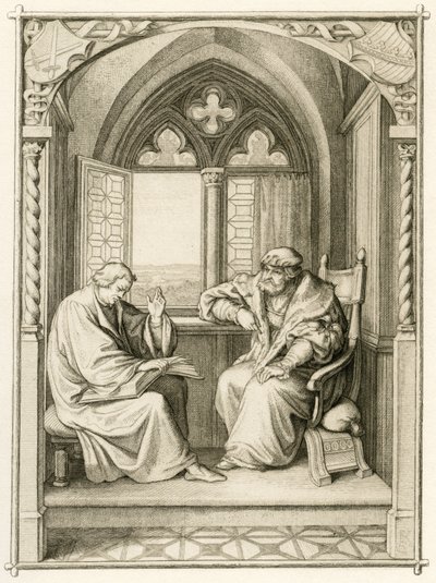 Luther, seçmen Johann dem Bestaendigen'e (Jean I de Saxe) kitap okuyor. by Gustav Ferdinand Leopold Konig