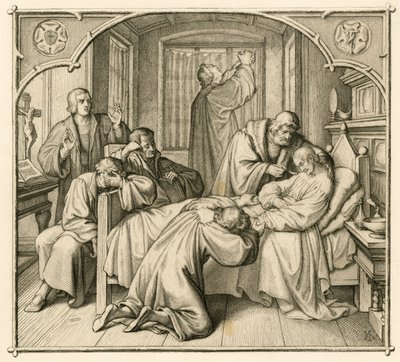 Luther'in arkadaşı Philipp (Philippe, Philippus) Melanchthon (1497-1560) çok hasta ve bu nedenle Luther iyileşmek için dua ediyor by Gustav Ferdinand Leopold Konig